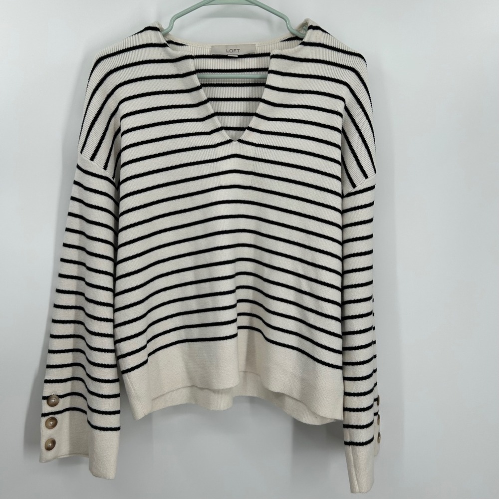 LOFT Womens Small White Black Striped V-Neck Cotton Sweater Button Cuff Accent